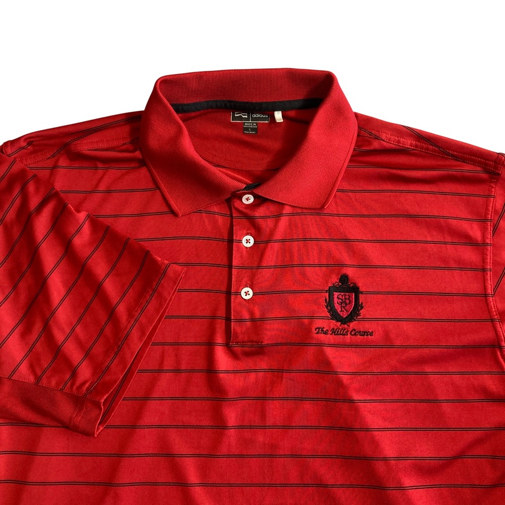 Adidas Golf Mens Large Red Striped Polo The Hills Course Embroidery Stretch